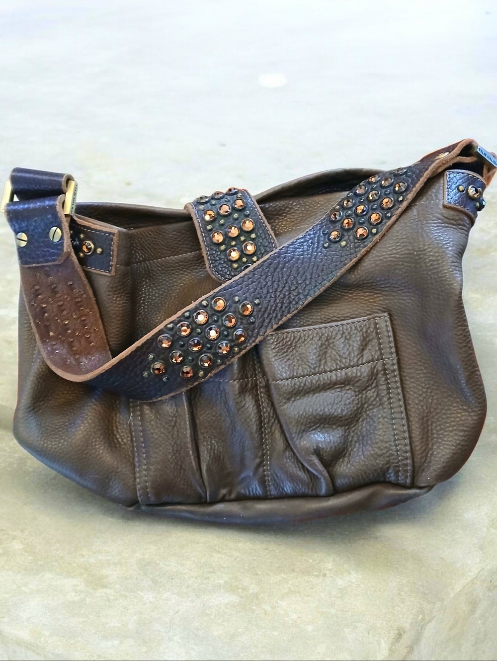 TYLIE MALIBU Chocolate Pebble Leather, Rhinestone & Studs Hobo Bag EUC